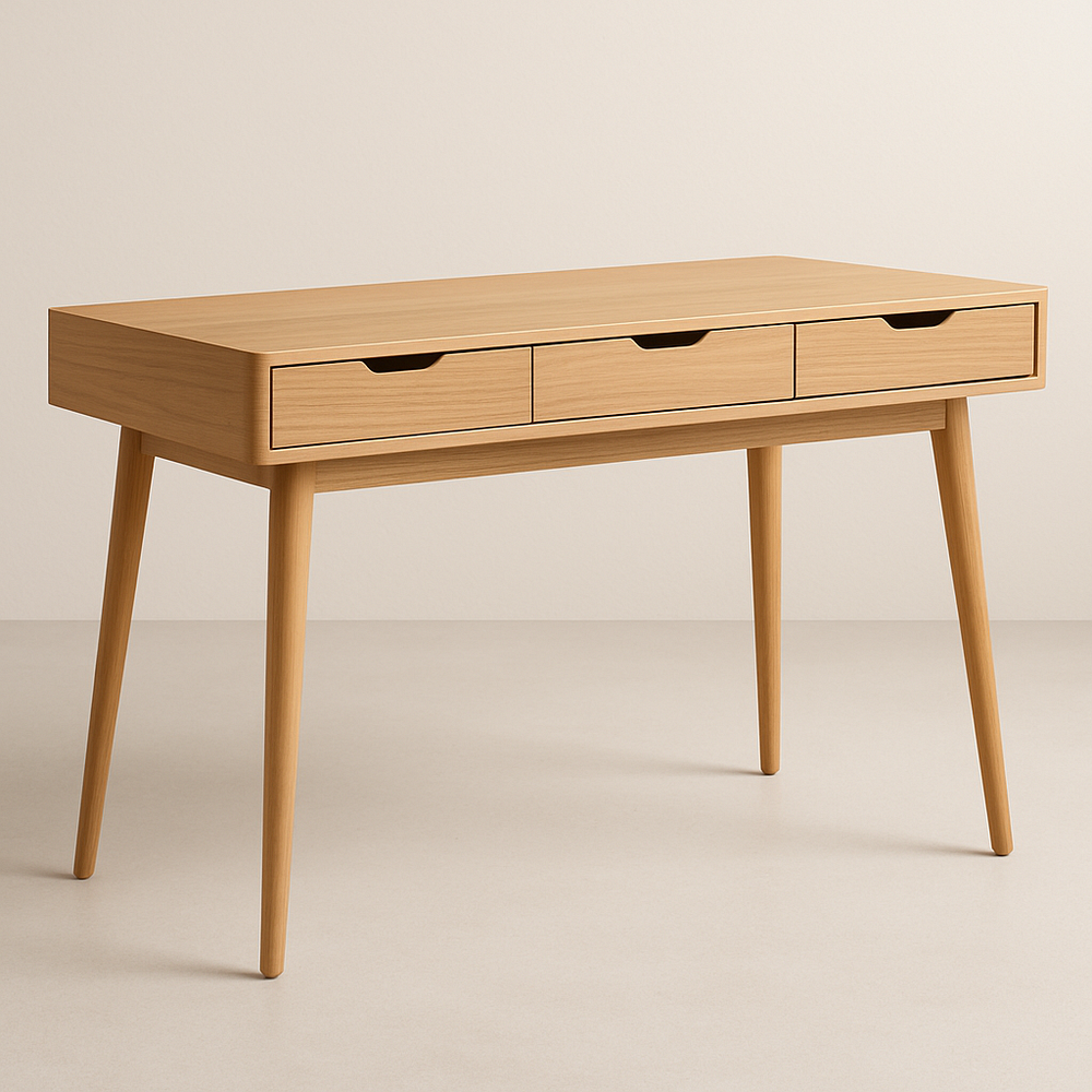 Bureau en bois clair avec trois tiroirs rectangulaires