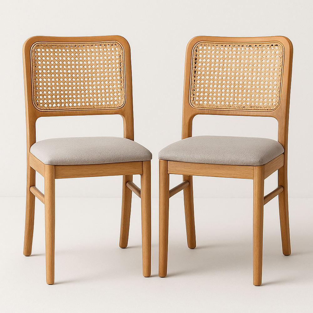 Chaise en Bois avec Dossier en Rotin et Assise en Tissu Gris Lot de 2