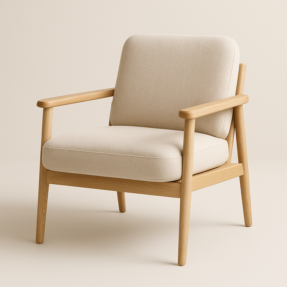Fauteuil en tissu beige en bois chêne