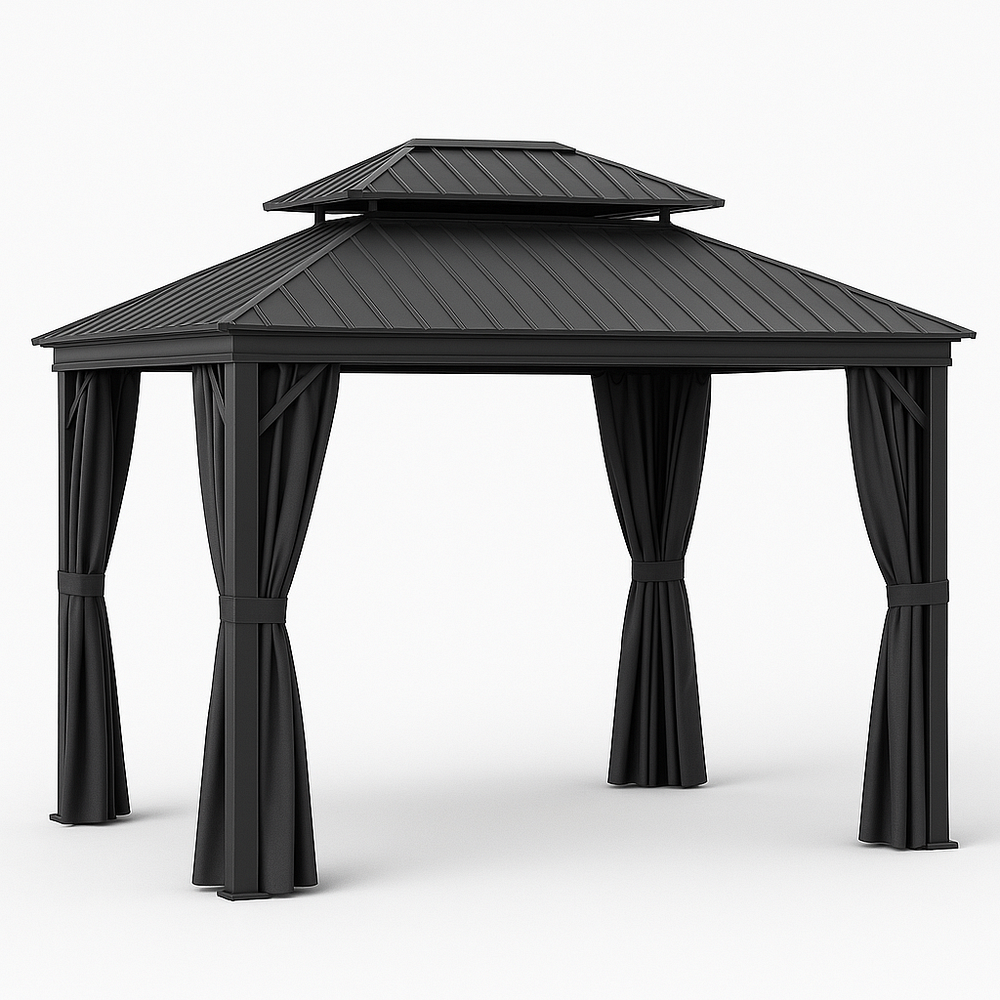 Pavillon à Double Toit Aluminium Noir avec Rideaux 3x3 m