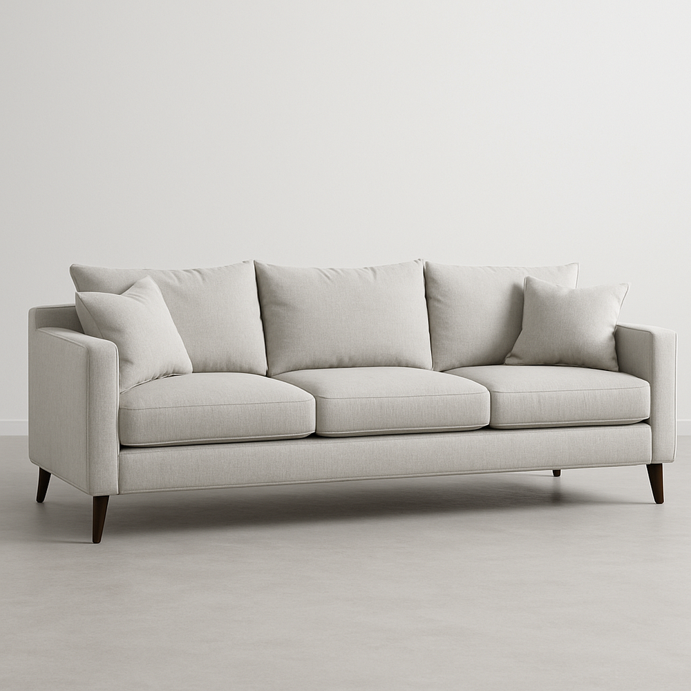 Canapé 3 places tissu beige moderne pieds bois