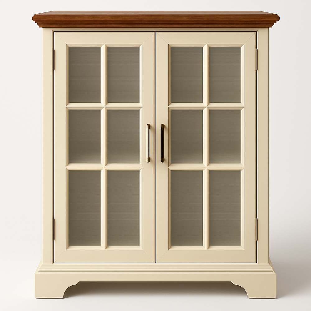 Buffet Vitrine en Bois 90x40x110 cm Crème/Bois Foncé Portes en Verre