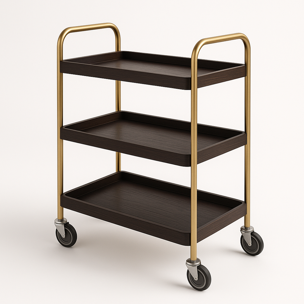 Chariot de Service à 3 Étagères Bois Foncé Métal Doré Roulettes