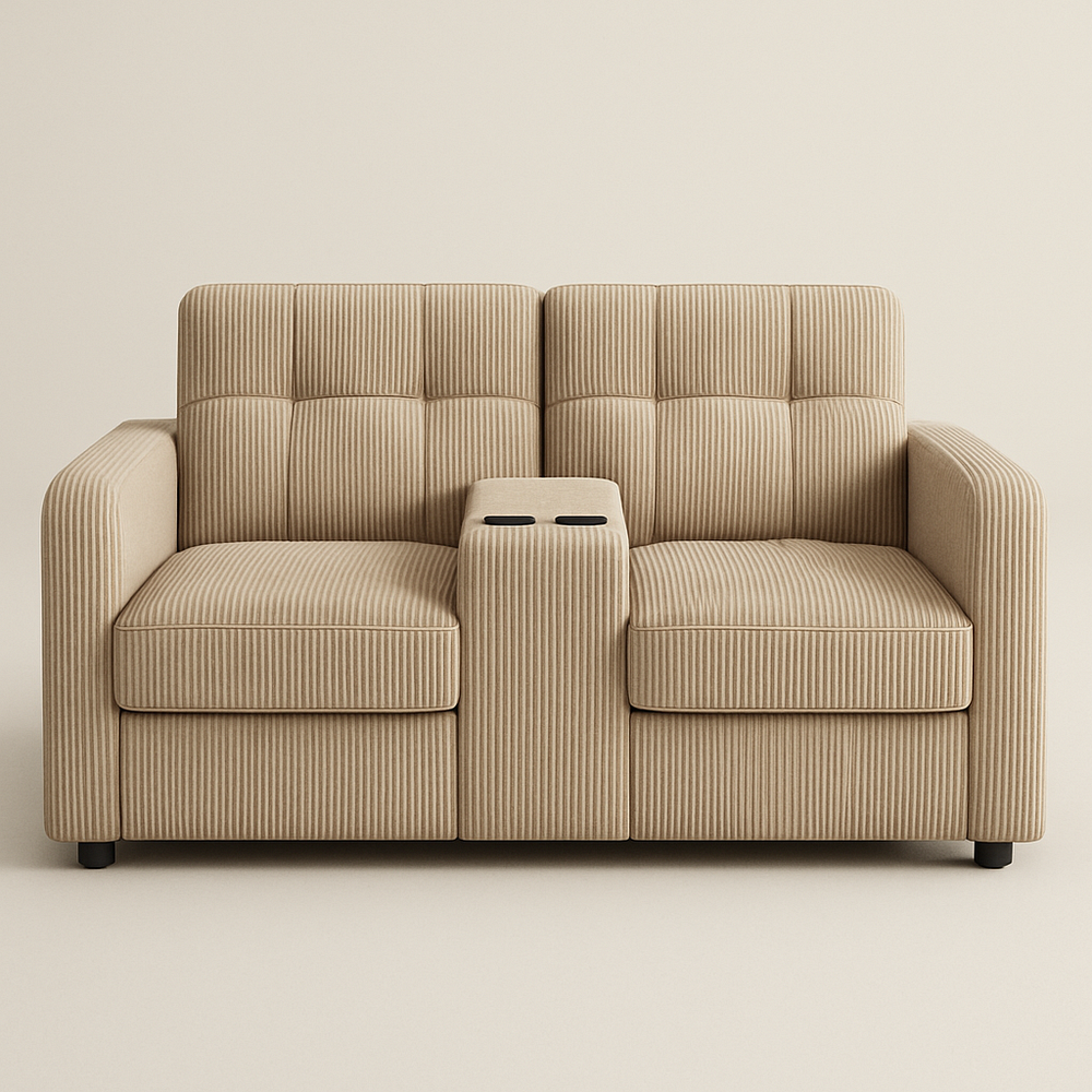 Canapé 2 Places Tissu Rayé Beige Repose-Bras Central