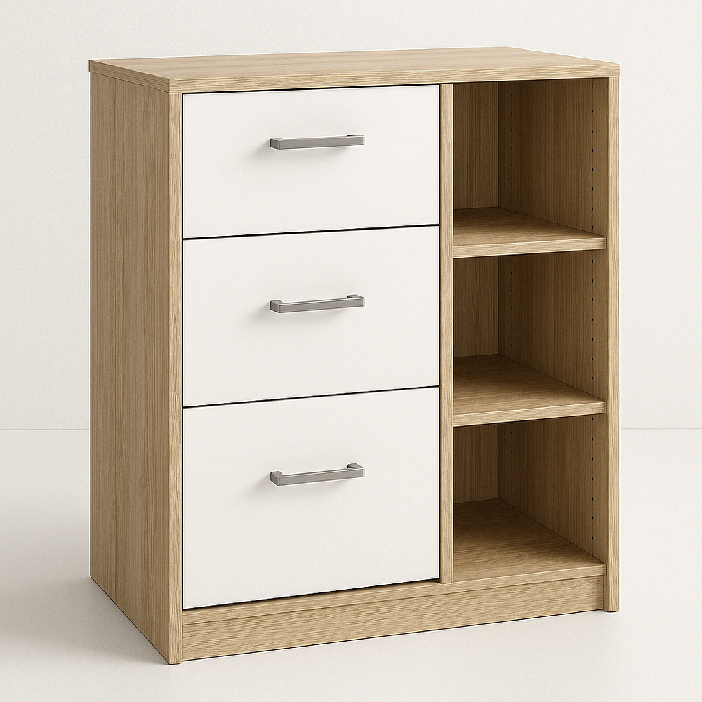 Commode en bois aggloméré trois tiroirs avec étagères Chêne/Blanc