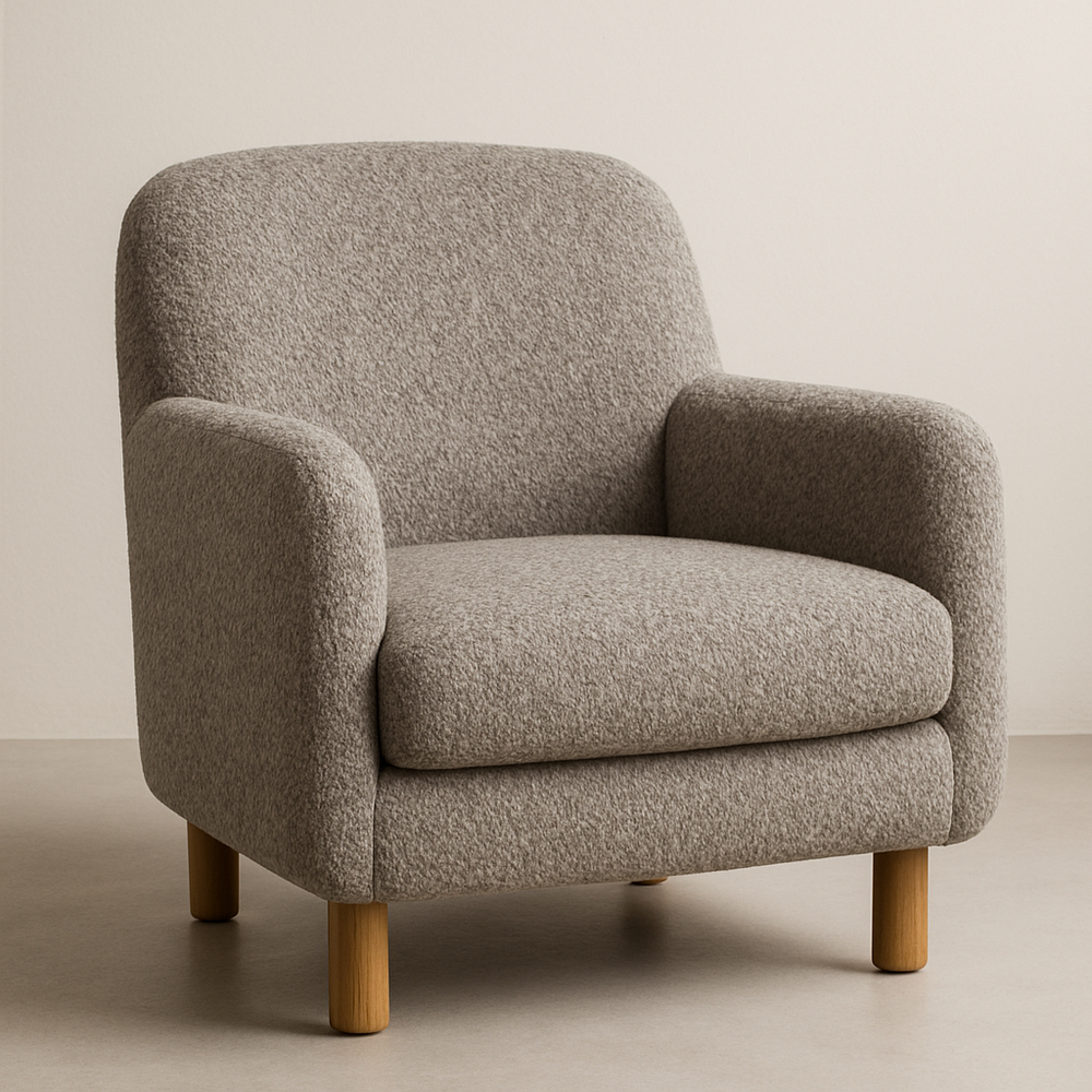 Fauteuil en tissu bouclé beige clair pieds en bois