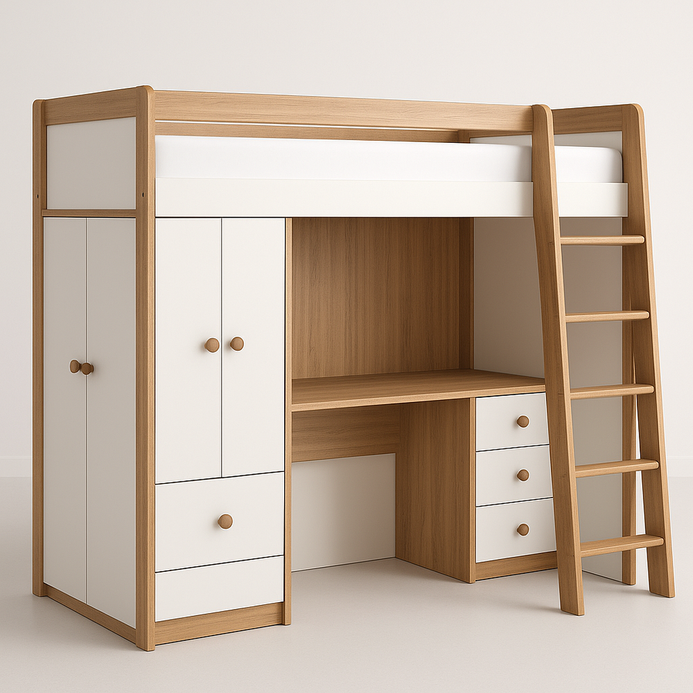 Lit mezzanine avec bureau rangement intégral bois clair/blanc