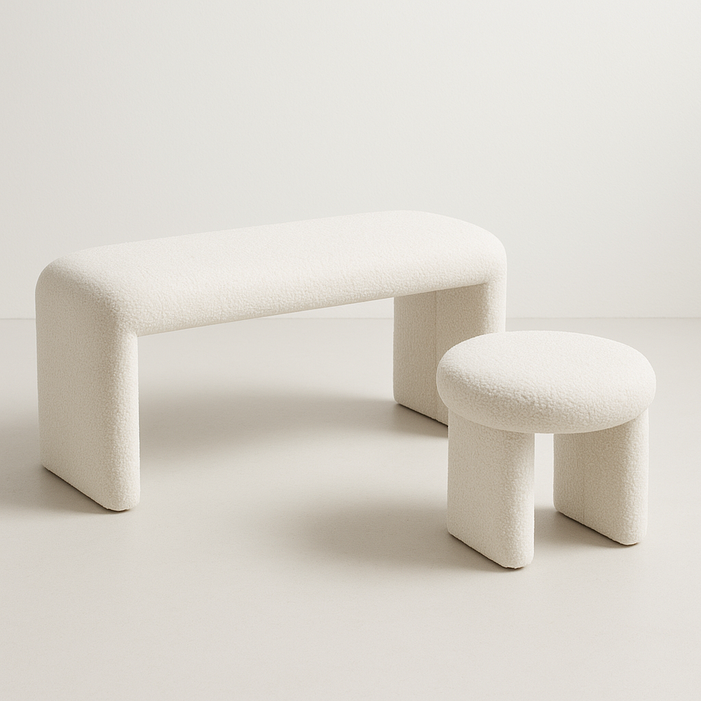 Set de Banc et Tabouret Tissu Bouclé Ivoire