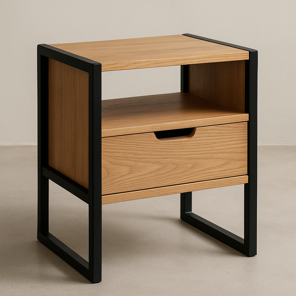 Table de Chevet Bois Métal Rectangulaire Chêne/Noir