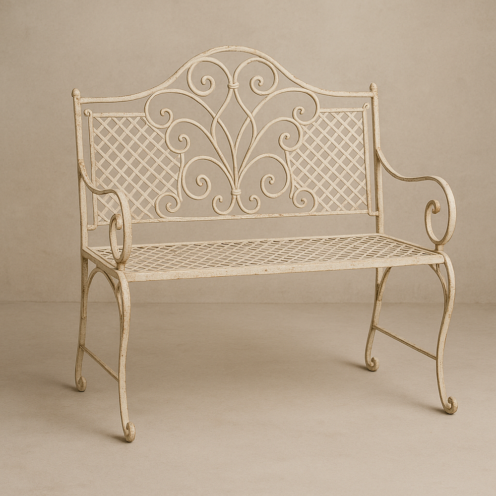 Banc en fer forgé beige ornemental