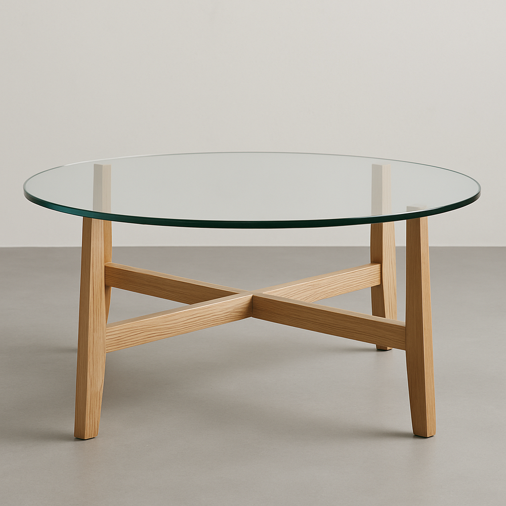 Table basse ronde verre transparent pieds bois naturel diamètre 90 cm