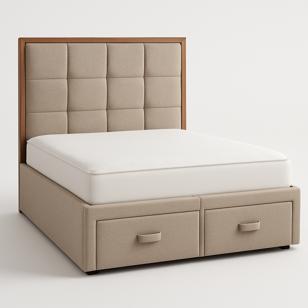 Lit double avec tête de lit capitonnée et tiroirs de rangement en tissu beige structure en bois 140x200 cm