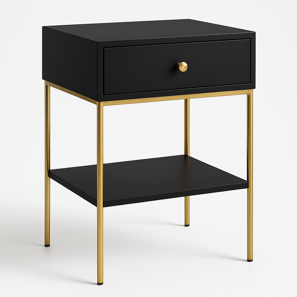 Table de Chevet Noir/Or Métal Rectangulaire avec Tiroir – 45x55x35 cm