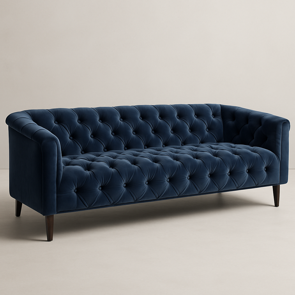 Canapé Trois Places Velours Bleu Foncé Boutonné Pieds Bois