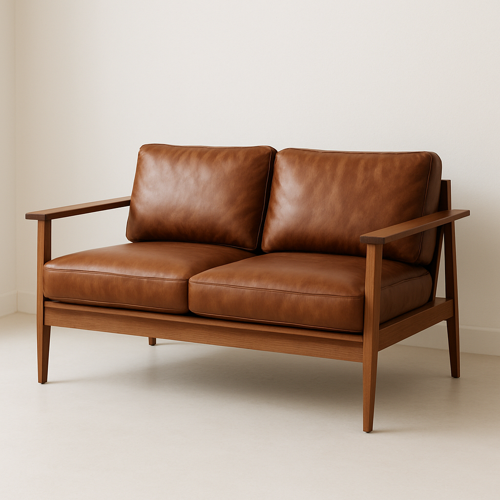 Canapé 2 places 140 cm Cuir Marron Cadre en Bois Moderne
