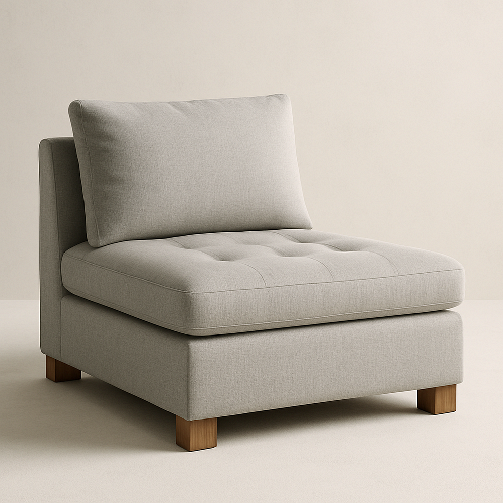 Canapé d'angle en tissu lin gris clair avec pieds en bois