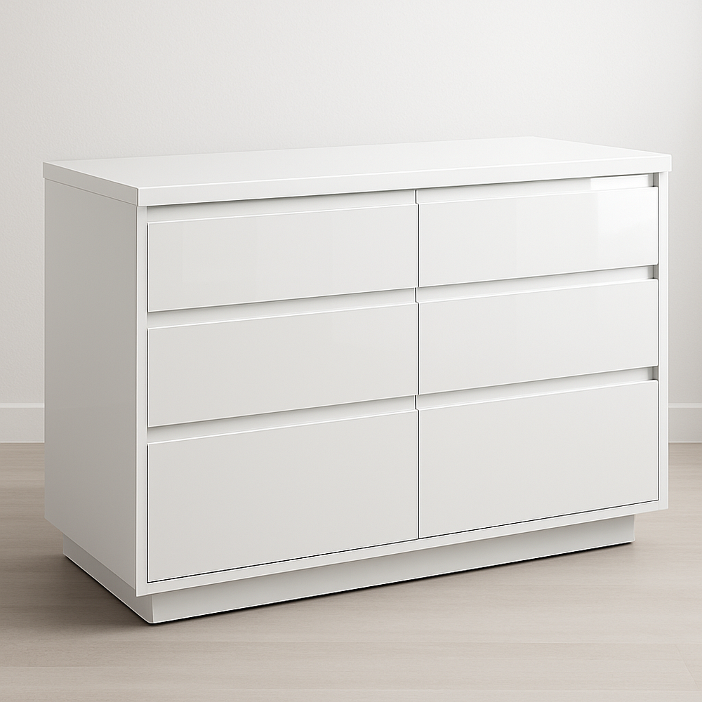 Commode à 6 tiroirs 130x80x45 cm Blanc Brillant MDF Rectangulaire
