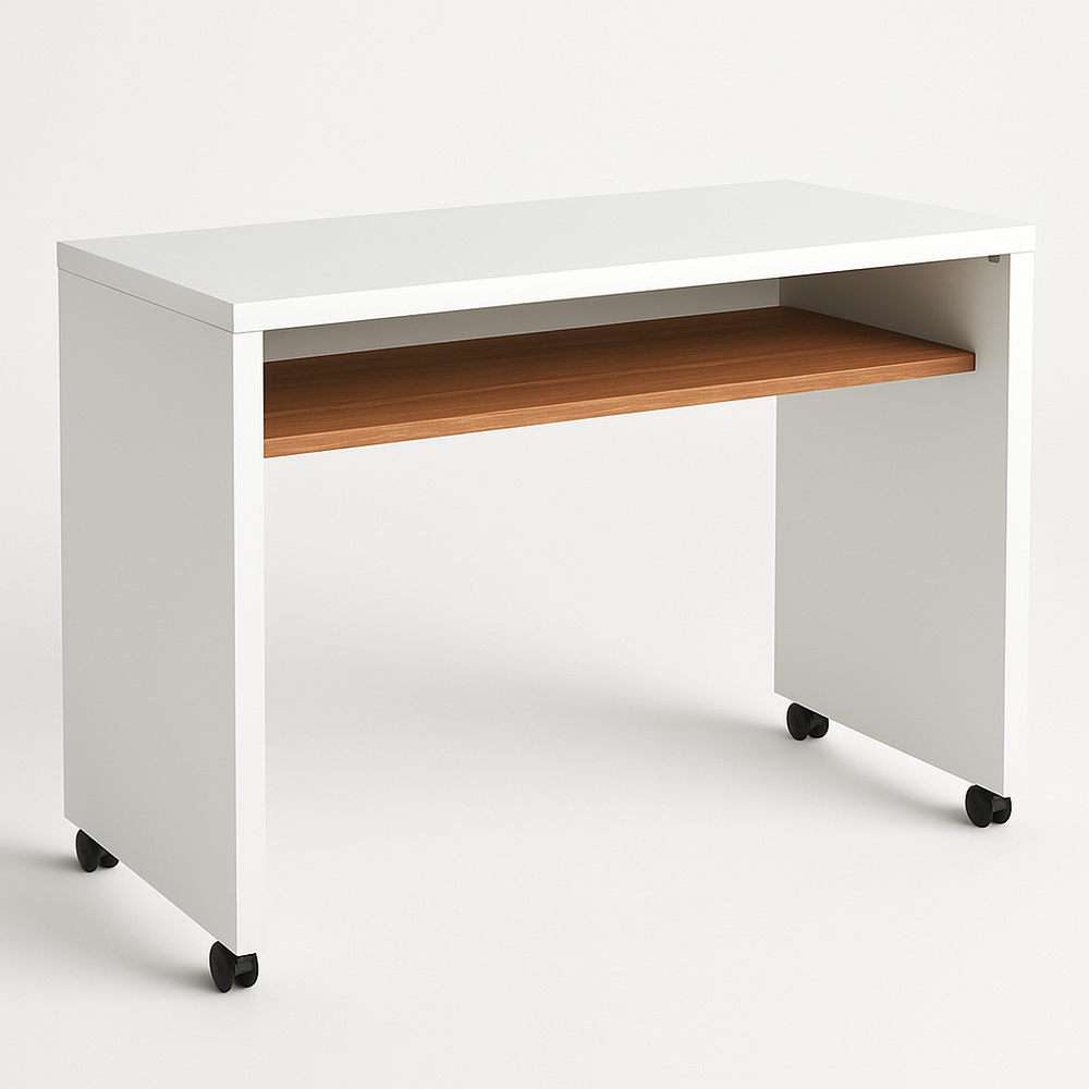 Bureau Rectangulaire à Roulettes MDF Blanc/Bois 120x60x75 cm
