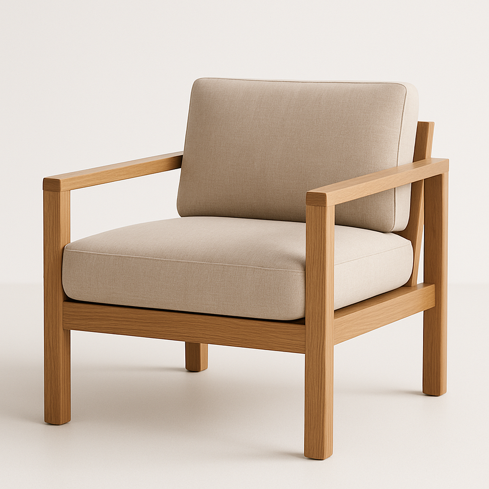 Fauteuil en bois massif avec coussins en tissu beige rectangulaire