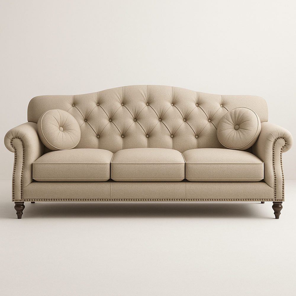 Canapé trois places 200cm Beige Tissu capitonné Clous de tapissier