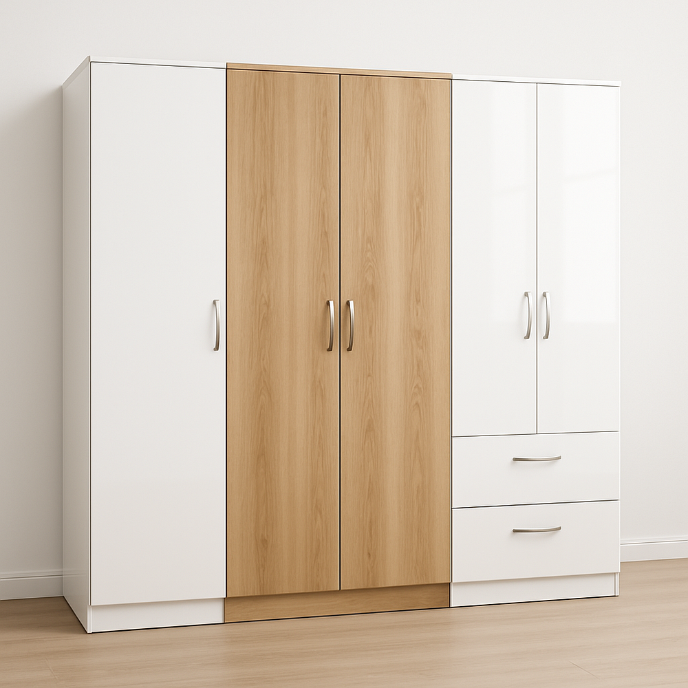 Armoire à trois portes avec tiroirs blanc/chêne bois MDF 200x180x60cm