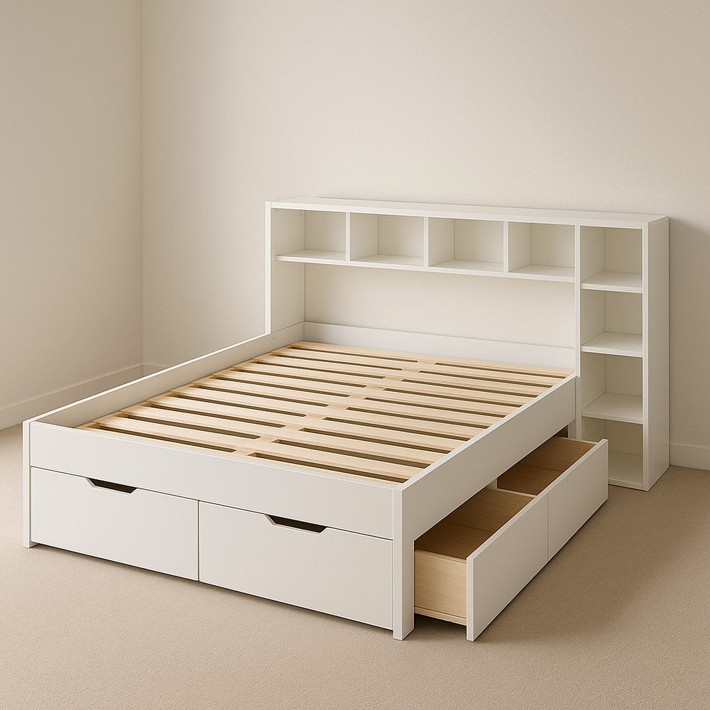 Lit avec rangement et tête de lit étagère 160x200 cm Blanc