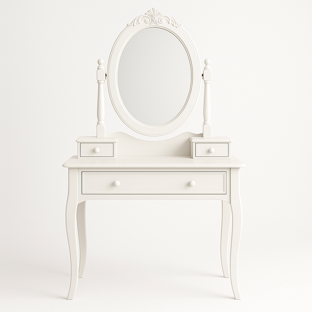 Coiffeuse en bois blanc avec miroir ovale et 3 tiroirs