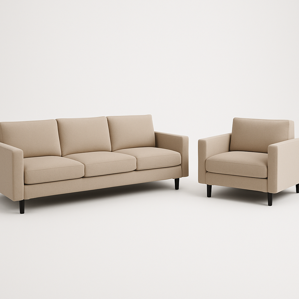 Canapé trois places et fauteuil tissu beige ensemble salon