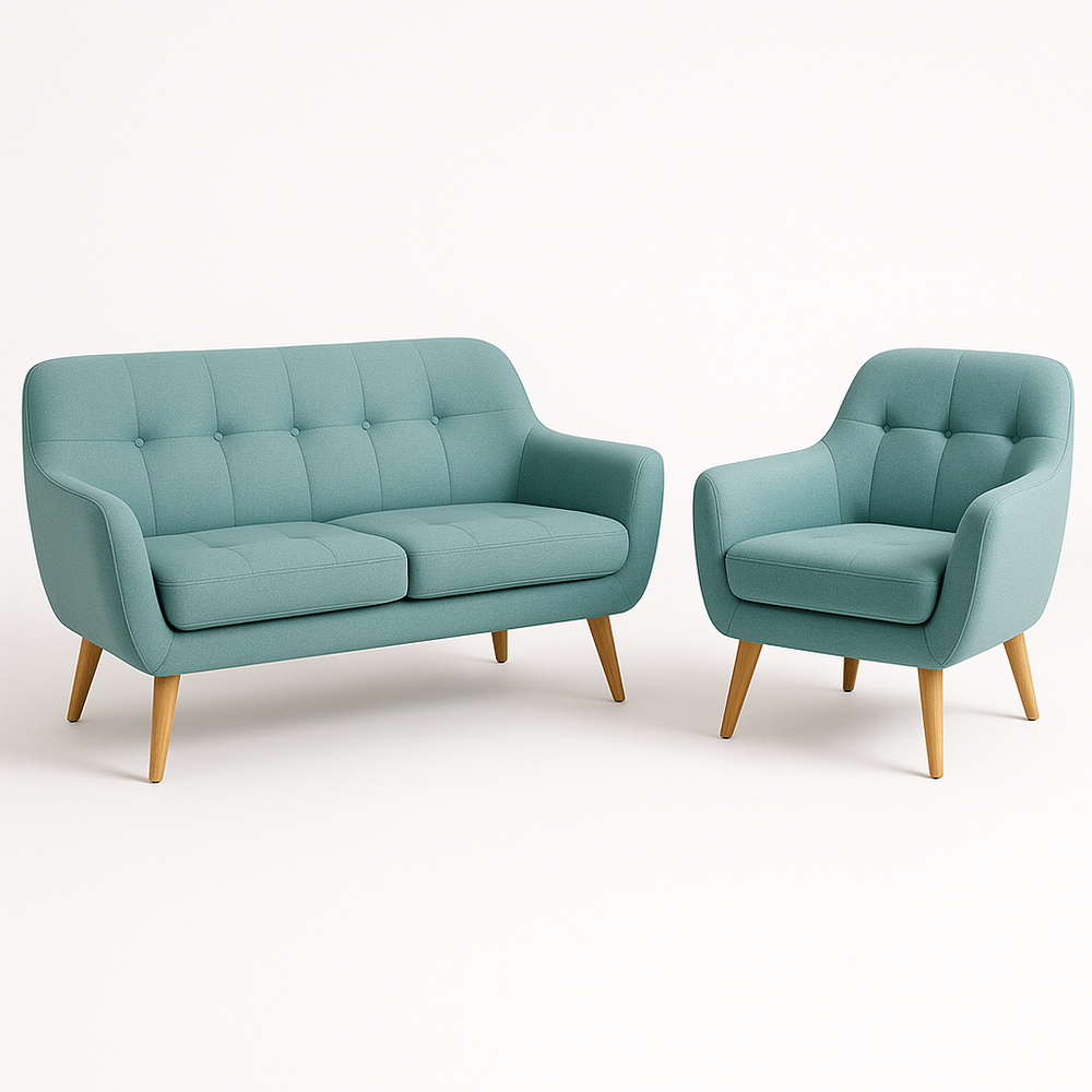 Canapé 2 Places et Fauteuil En Tissu Vert Canard Bois