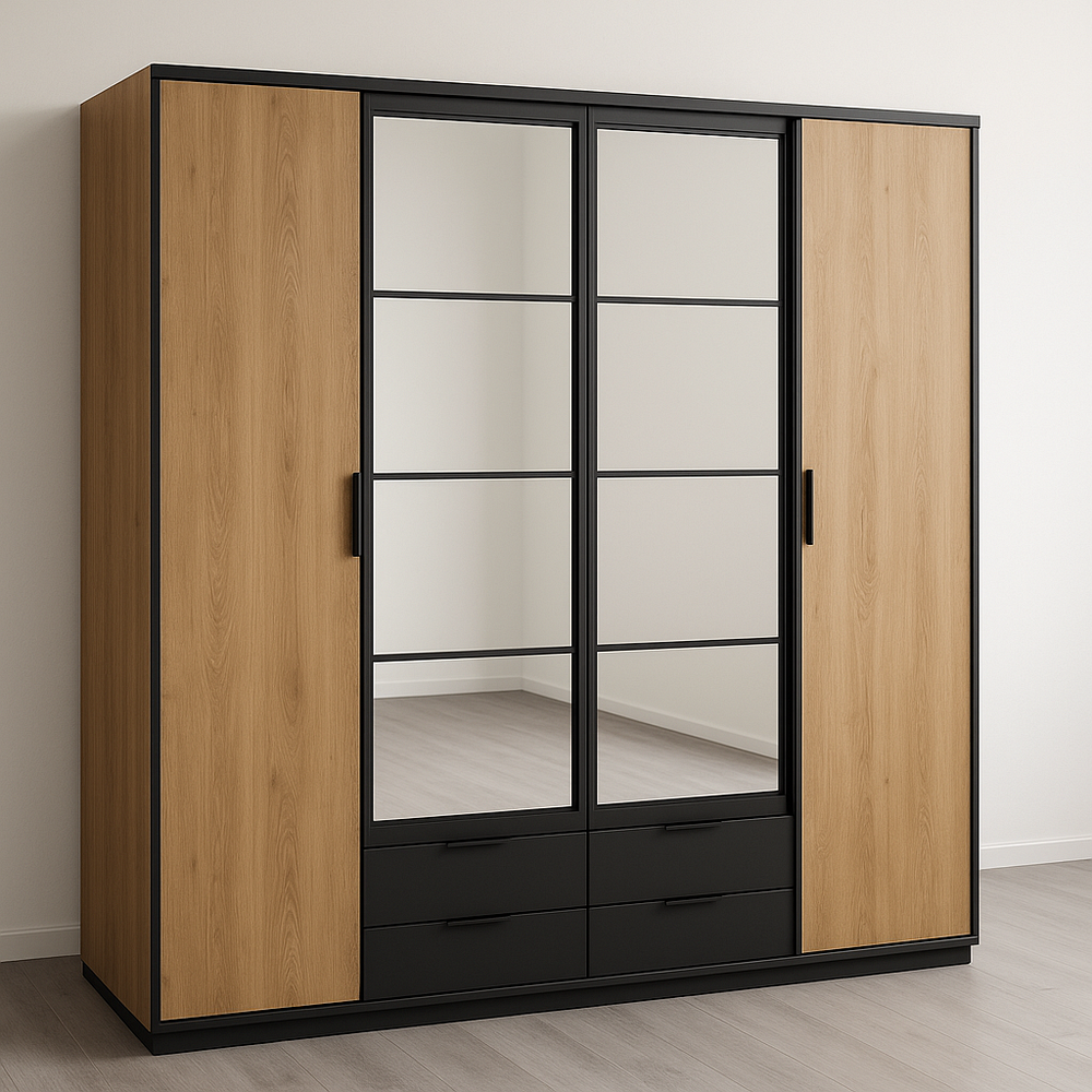 Armoire en bois avec miroir intégré 200x220 cm Noir/Chêne