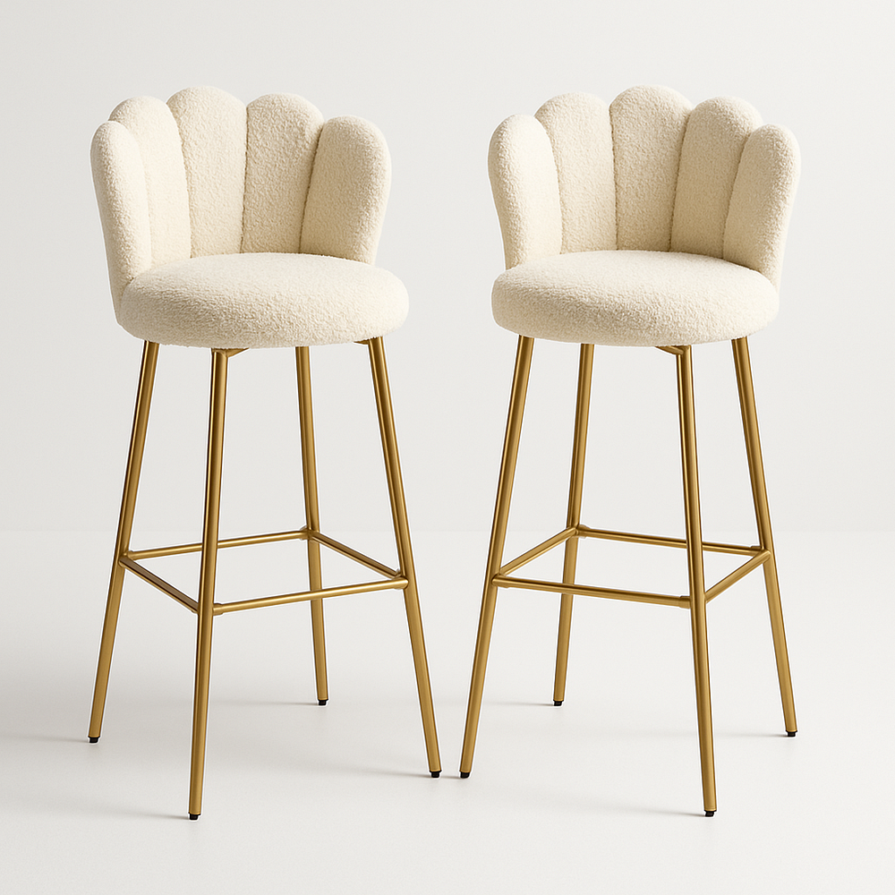 Tabouret Haut 2 Pièces Dossier Coquille Métal Doré/Tissu Bouclé Blanc