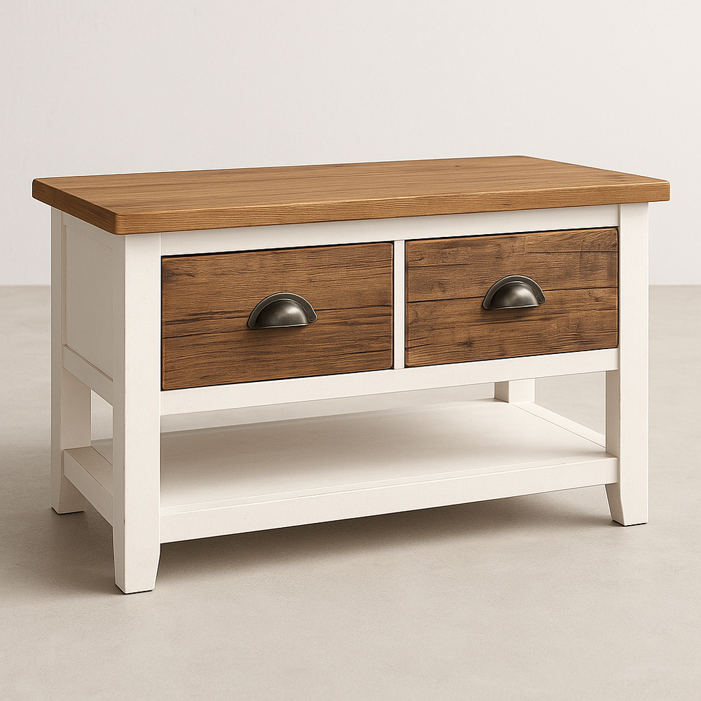 Table basse rectangulaire bois blanc/brun tiroirs