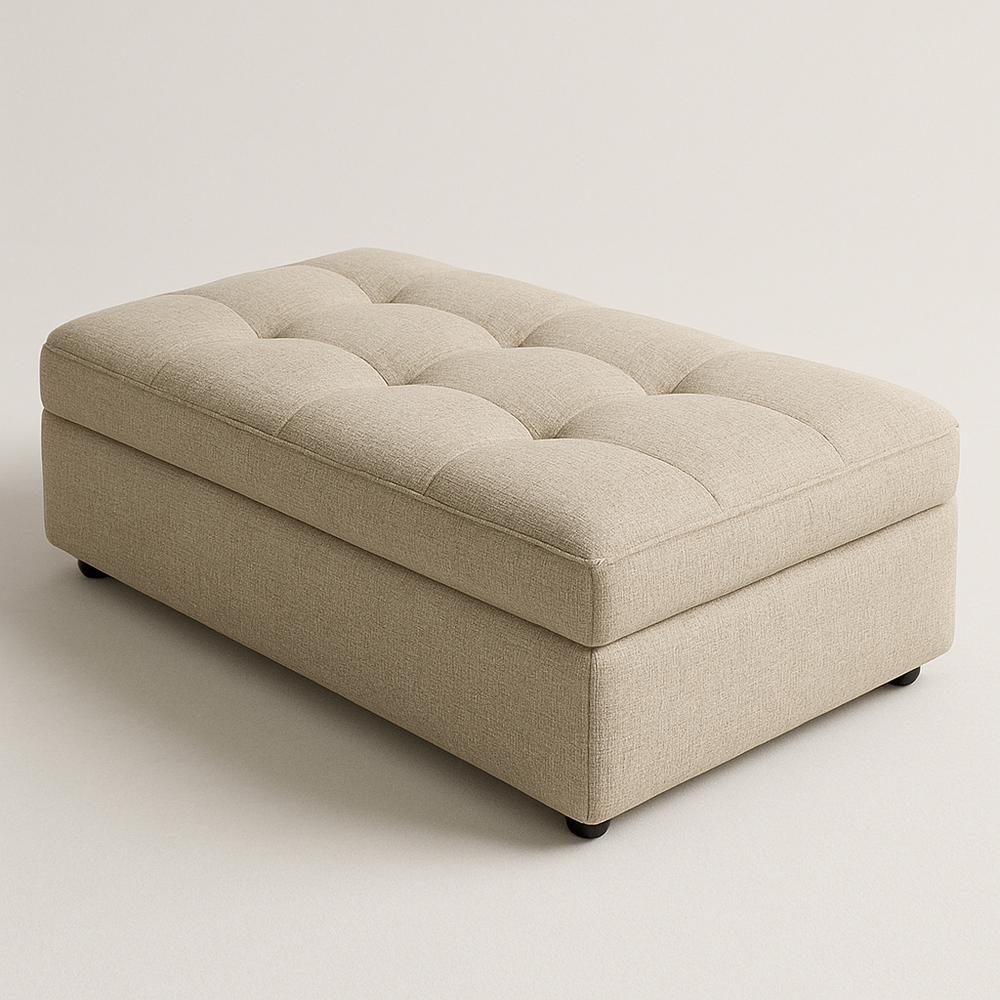 Pouf coffre rectangulaire tissu beige style capitonné