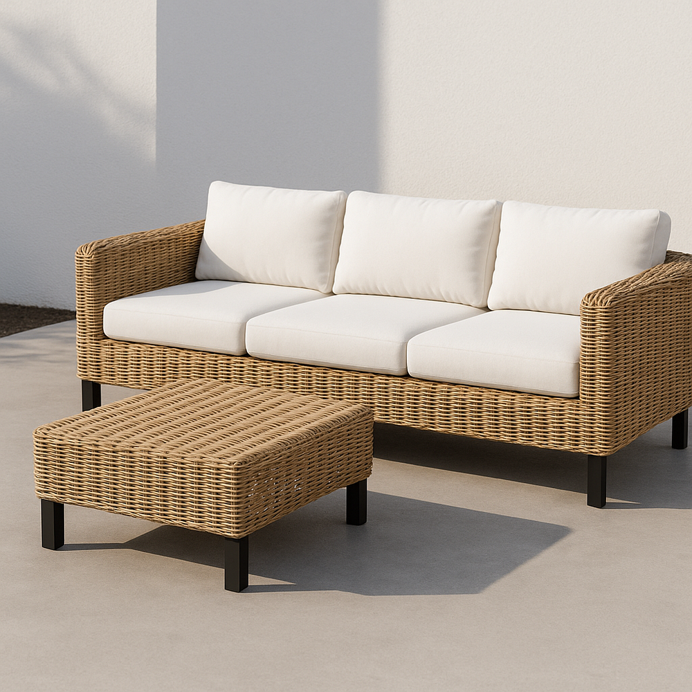 Canapé 3 places avec coussins amovibles en résine tressée Beige/Ivoire Ensemble 2 pièces