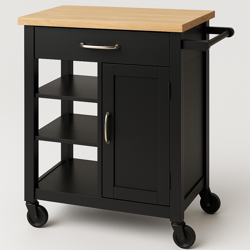 Chariot de cuisine 90x45x90 cm Noir/Bois Rectangulaire Chêne/MDF