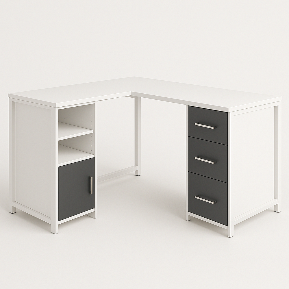 Bureau d'angle avec tiroirs et étagères en bois MDF blanc/gris