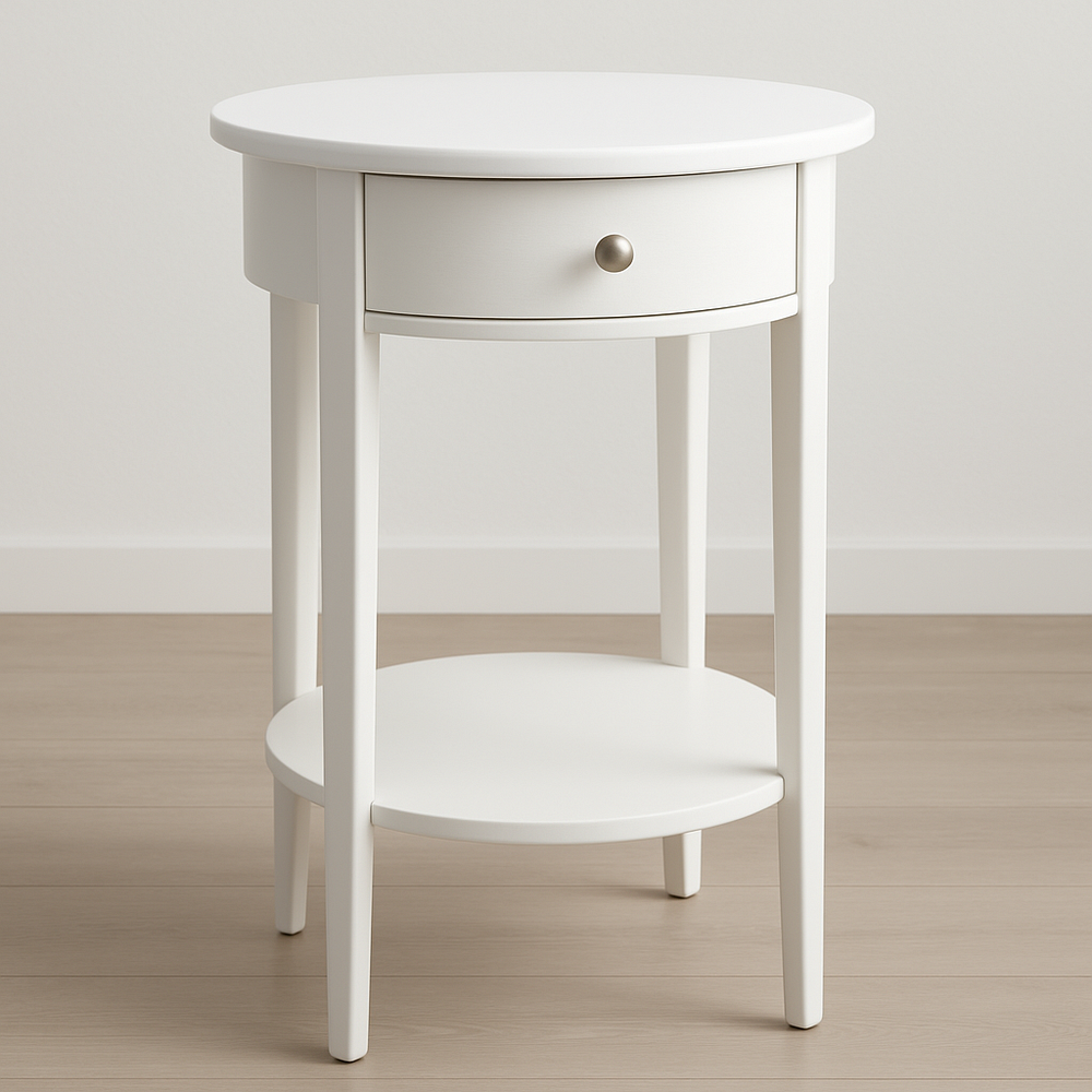 Table d'appoint ronde avec tiroir bois blanc diamètre 40 cm