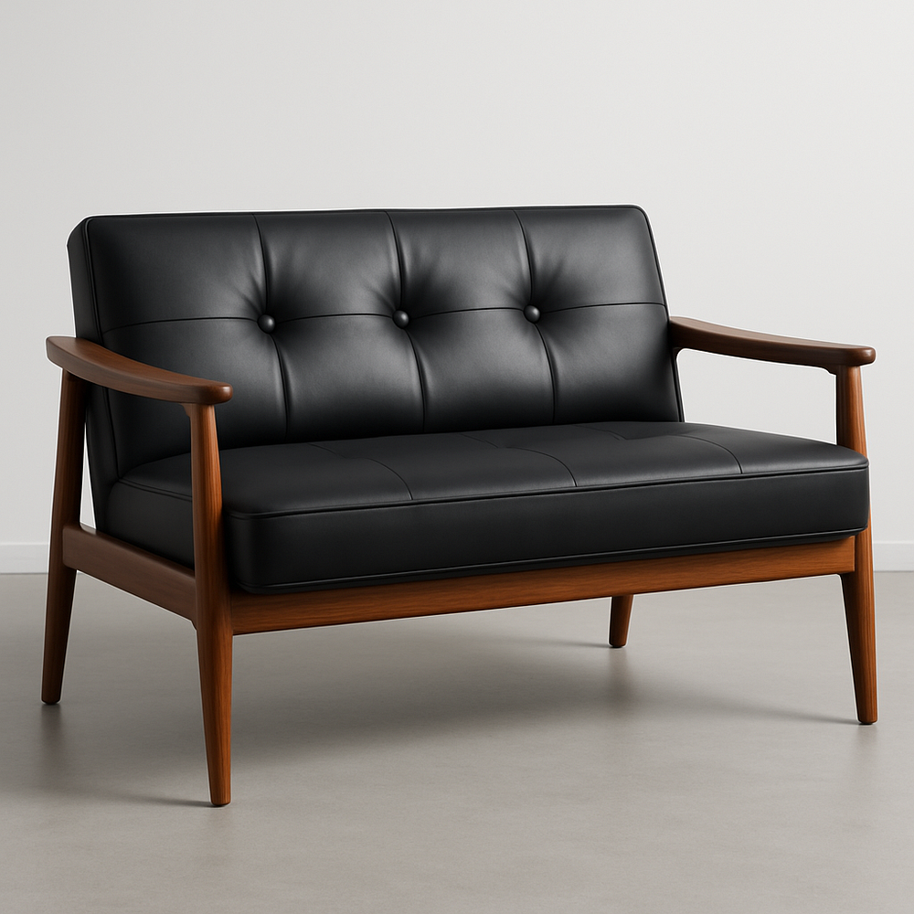 Canapé 2 places cuir synthétique noir cadre en bois