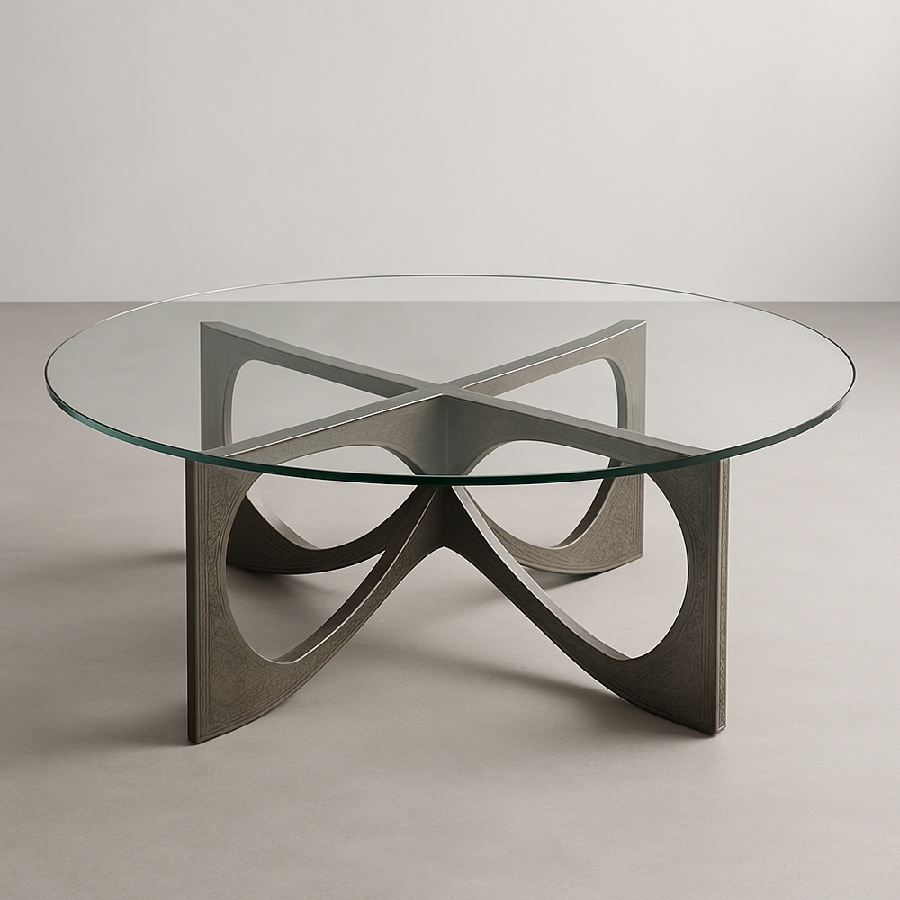 Table Basse Ronde Verre Transparent Bois Sculpté 100cm