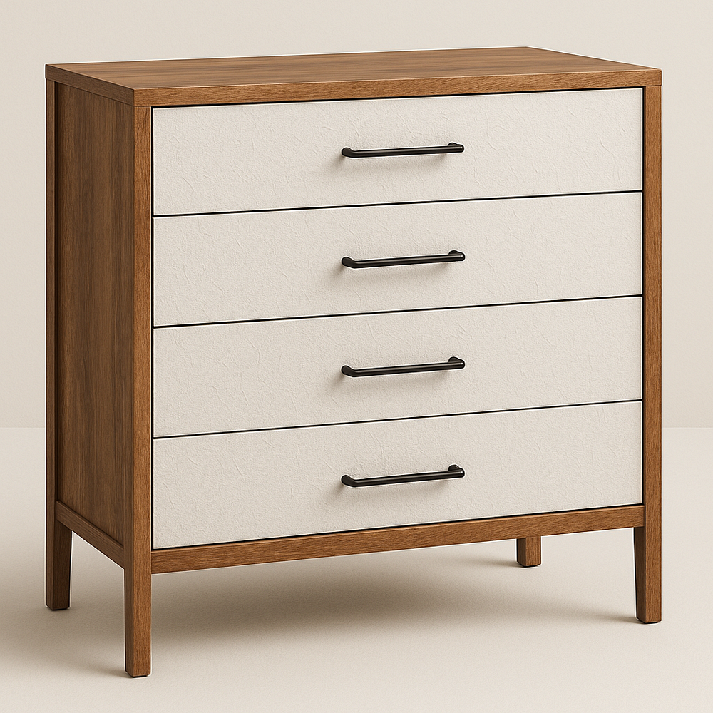 Commode en Bois et MDF 4 Tiroirs Blanc/Cognac 80 cm