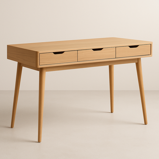 Bureau en bois clair avec trois tiroirs rectangulaires