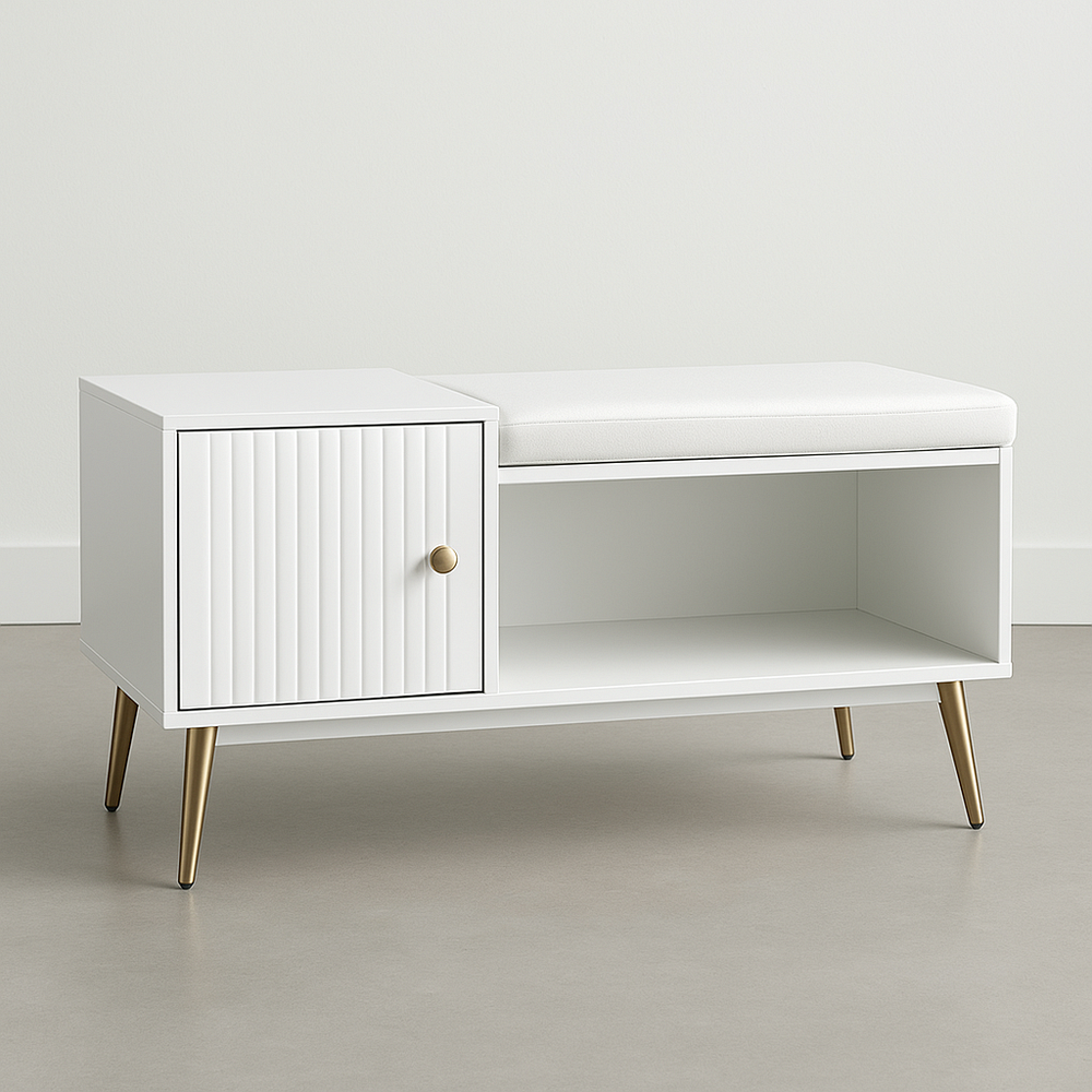 Banc de rangement 100cm Blanc Bois avec porte et coussin