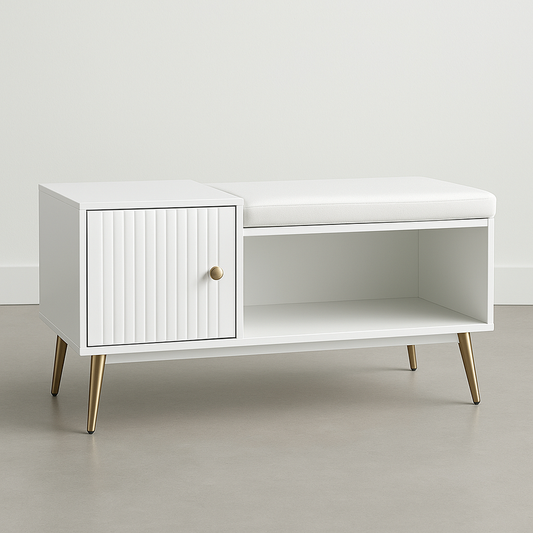 Banc de rangement 100cm Blanc Bois avec porte et coussin