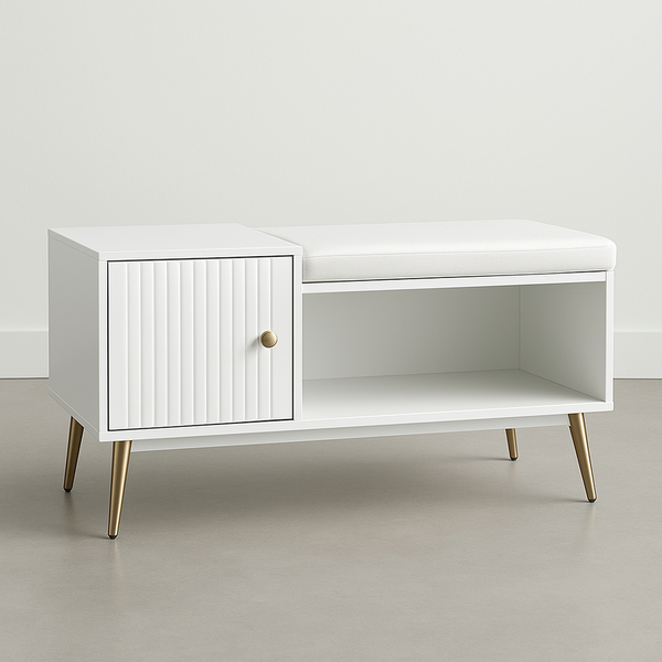 Banc de rangement 100cm Blanc Bois avec porte et coussin