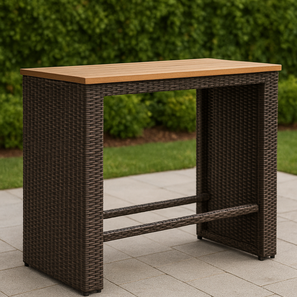 Table de bar en résine tressée et bois rectangulaire marron foncé