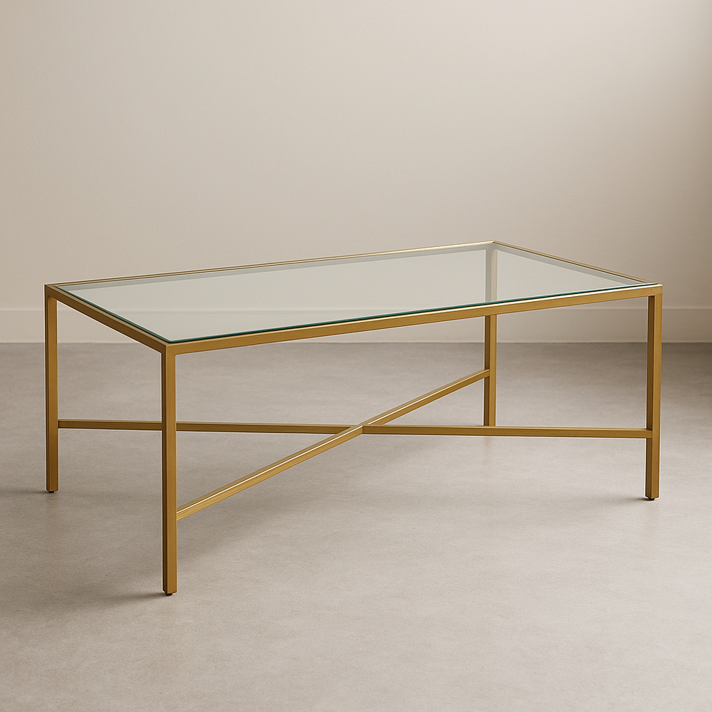 Table basse rectangulaire en verre et métal doré 120x60x45