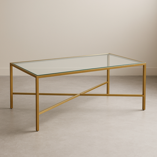 Table basse rectangulaire en verre et métal doré 120x60x45