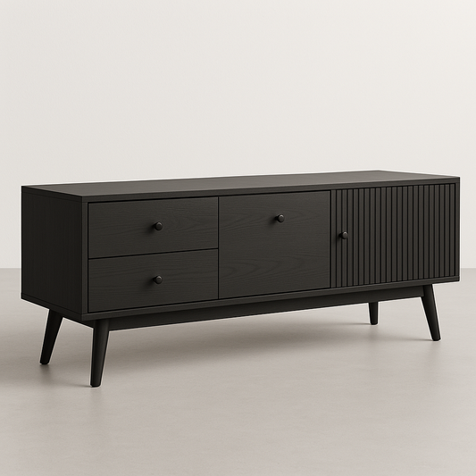 Meuble TV en bois noir mat pieds inclinés tiroirs placard