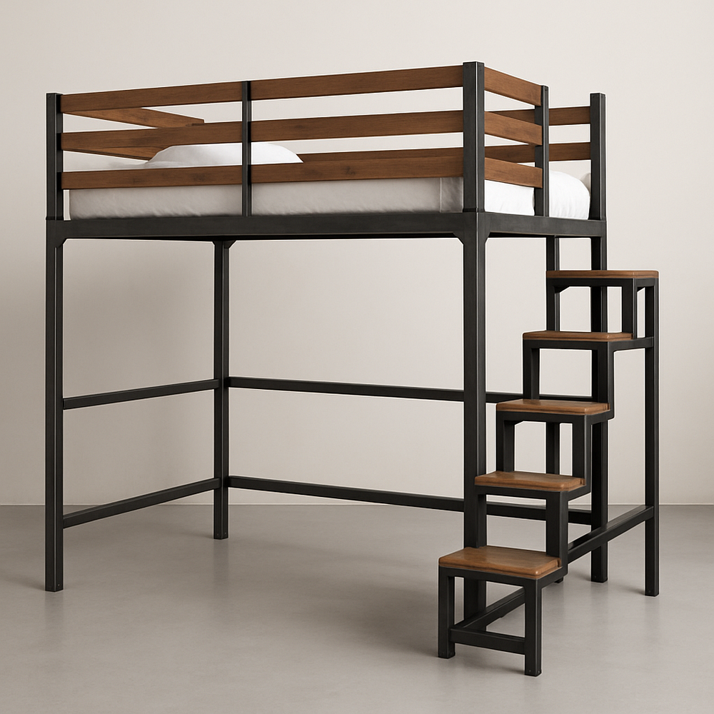 Lit mezzanine avec escalier intégré 200x90cm Métal/Bois Marron/Noir