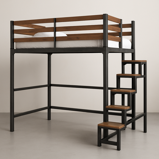 Lit mezzanine avec escalier intégré 200x90cm Métal/Bois Marron/Noir